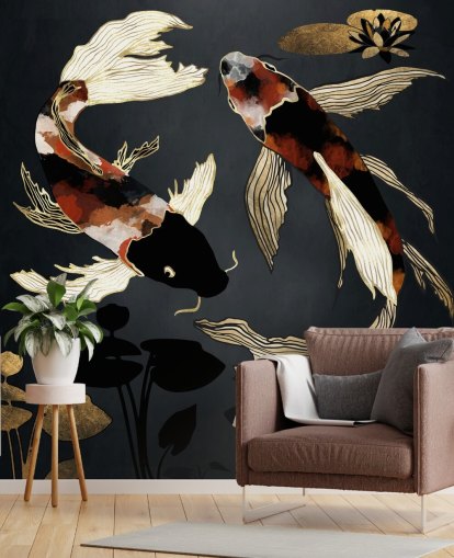 schwarze maßgeschneiderte Koi-Tapete namens Metallic Koi IV von SpaceFrog Designs für Badezimmer