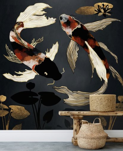 musta mukautettu koi-taustakuva nimeltä Metallic Koi IV by SpaceFrog Designs kylpyhuoneisiin musta mukautettu koi-taustakuva nimeltä Metallic Koi IV by SpaceFrog Designs kylpyhuoneisiin