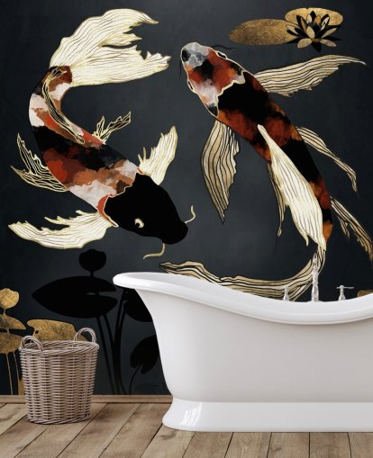 schwarze maßgeschneiderte Koi-Tapete namens Metallic Koi IV von SpaceFrog Designs für Badezimmer