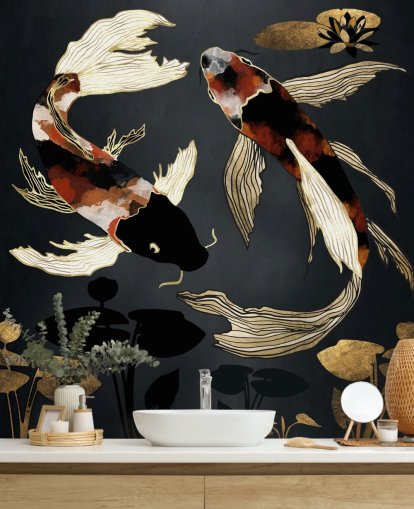 papel de parede koi personalizado preto chamado Metallic Koi IV da SpaceFrog Designs para banheiros