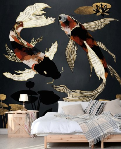 svart anpassad koi tapet kallad Metallic Koi IV av SpaceFrog Designs för badrum