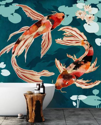 Orange koi svømning i en blå dam med turkis lilje puder