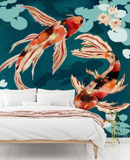 Koi naranja nadando en un estanque azul con nenúfares turquesas