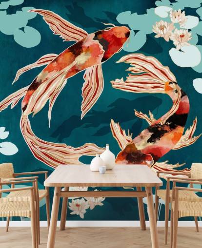 Koi laranja nadando em um lago azul com almofadas de lírio turquesa