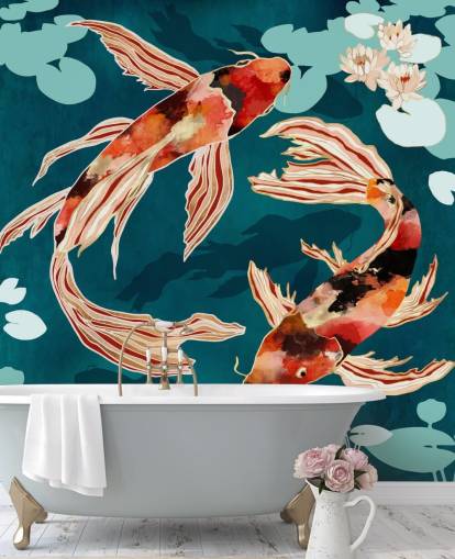 Koi orange nageant dans un étang bleu avec des nénuphars turquoises