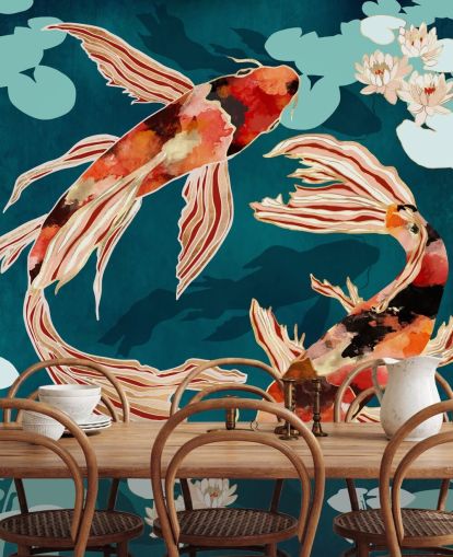 Koi orange nageant dans un étang bleu avec des nénuphars turquoises