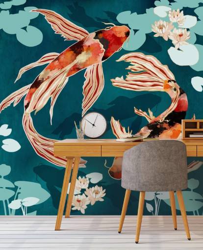 Koi naranja nadando en un estanque azul con nenúfares turquesas