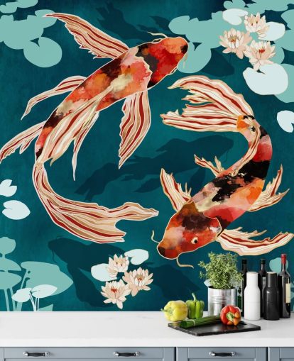 Orange koi swimming in a blue pond with turquoise lily pads Orange koi swimming in a blue pond with turquoise lily pads