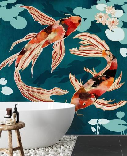 Koi arancioni che nuotano in uno stagno blu con ninfee turchesi