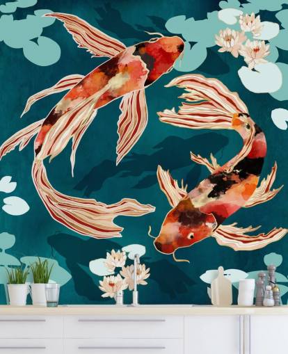 Koi laranja nadando em um lago azul com almofadas de lírio turquesa