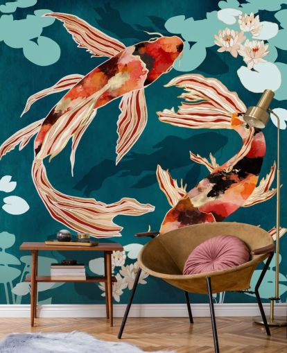 Orange koi swimming in a blue pond with turquoise lily pads