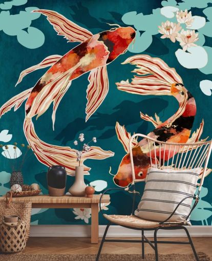 Koi laranja nadando em um lago azul com almofadas de lírio turquesa