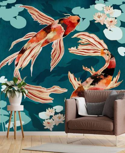 Orange koi swimming in a blue pond with turquoise lily pads