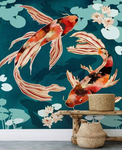 Orange koi swimming in a blue pond with turquoise lily pads