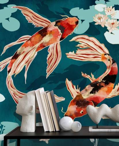 Orange koi simma i en blå damm med turkosa lilja kuddar