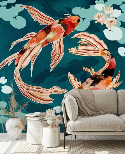 Koi naranja nadando en un estanque azul con nenúfares turquesas