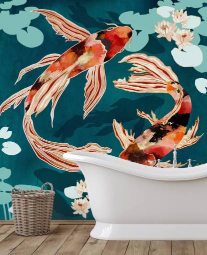 Orange koi svømning i en blå dam med turkis lilje puder Orange koi svømning i en blå dam med turkis lilje puder