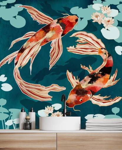 Koi laranja nadando em um lago azul com almofadas de lírio turquesa Koi laranja nadando em um lago azul com almofadas de lírio turquesa