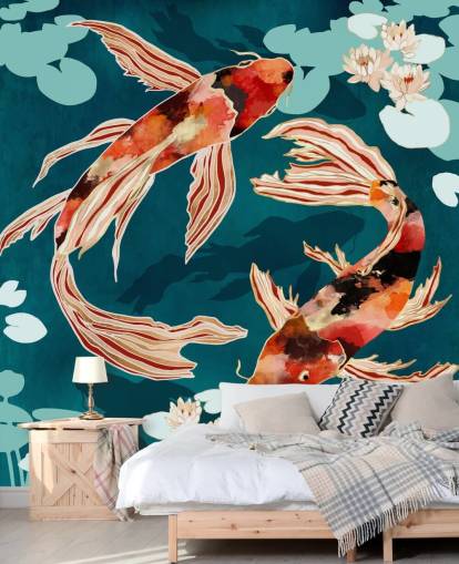 Orange Koi schwimmt in einem blauen Teich mit türkisfarbenen Seerosenblättern Orange Koi schwimmt in einem blauen Teich mit türkisfarbenen Seerosenblättern