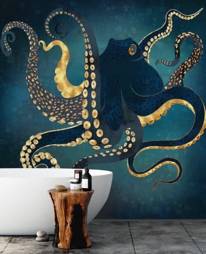 marinblå och guld anpassningsbar bläckfisk tapetväggmålning kallad Metallic Octopus IV av SpaceFrog Designs för badrum marinblå och guld anpassningsbar bläckfisk tapetväggmålning kallad Metallic Octopus IV av SpaceFrog Designs för badrum