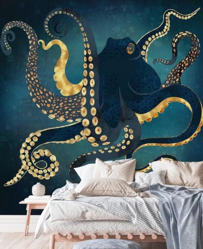 carta da parati murale personalizzabile con polpo blu marino e oro chiamato Metallic Octopus IV di SpaceFrog Designs per bagni