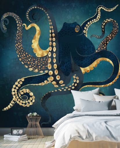mural de papel pintado de pulpo personalizable azul marino y dorado llamado Metallic Octopus IV de SpaceFrog Designs para baños