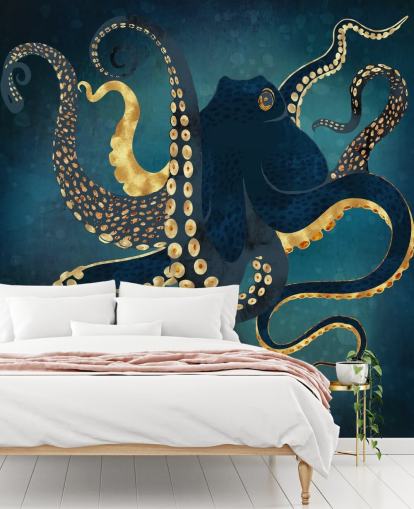 mural de papel pintado de pulpo personalizable azul marino y dorado llamado Metallic Octopus IV de SpaceFrog Designs para baños mural de papel pintado de pulpo personalizable azul marino y dorado llamado Metallic Octopus IV de SpaceFrog Designs para baños