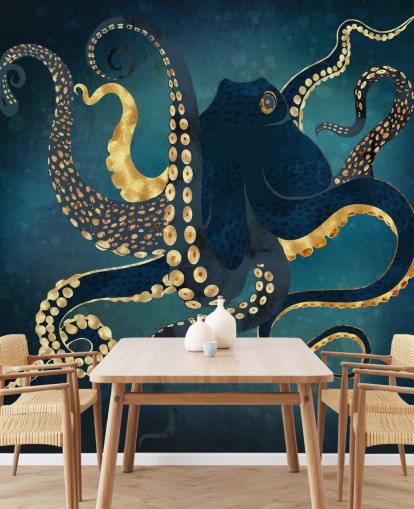 marineblå og guld tilpasselig blæksprutte tapetmaleri kaldet Metallic Octopus IV af SpaceFrog Designs til badeværelser marineblå og guld tilpasselig blæksprutte tapetmaleri kaldet Metallic Octopus IV af SpaceFrog Designs til badeværelser