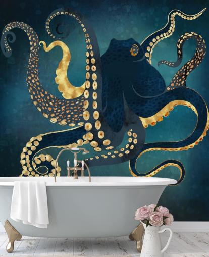 mural de papel de parede de polvo personalizável em azul marinho e dourado chamado Metallic Octopus IV da SpaceFrog Designs para banheiros mural de papel de parede de polvo personalizável em azul marinho e dourado chamado Metallic Octopus IV da SpaceFrog Designs para banheiros