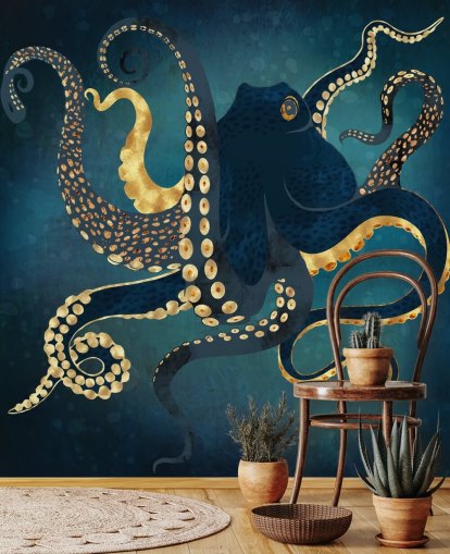 Personalisierbare Oktopus-Tapete in Marineblau und Gold namens Metallic Octopus IV von SpaceFrog Designs für Badezimmer