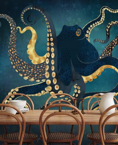 mural de papel pintado de pulpo personalizable azul marino y dorado llamado Metallic Octopus IV de SpaceFrog Designs para baños