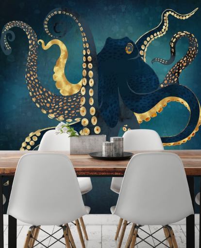 mural de papel de parede de polvo personalizável em azul marinho e dourado chamado Metallic Octopus IV da SpaceFrog Designs para banheiros