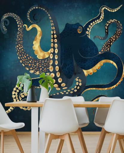 navy and gold customizable octopus wallpaper mural called Metallic Octopus IV by SpaceFrog Designs for bathrooms