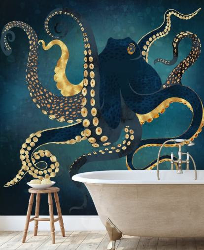 mural de papel de parede de polvo personalizável em azul marinho e dourado chamado Metallic Octopus IV da SpaceFrog Designs para banheiros