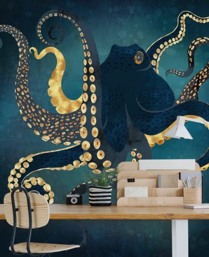 mural de papel pintado de pulpo personalizable azul marino y dorado llamado Metallic Octopus IV de SpaceFrog Designs para baños