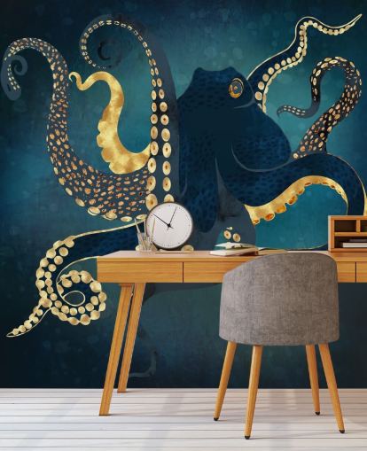 navy and gold customisable octopus wallpaper mural called Metallic Octopus IV by SpaceFrog Designs for bathrooms
