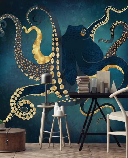 carta da parati murale personalizzabile con polpo blu marino e oro chiamato Metallic Octopus IV di SpaceFrog Designs per bagni carta da parati murale personalizzabile con polpo blu marino e oro chiamato Metallic Octopus IV di SpaceFrog Designs per bagni