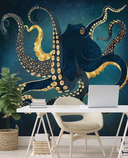 carta da parati murale personalizzabile con polpo blu marino e oro chiamato Metallic Octopus IV di SpaceFrog Designs per bagni