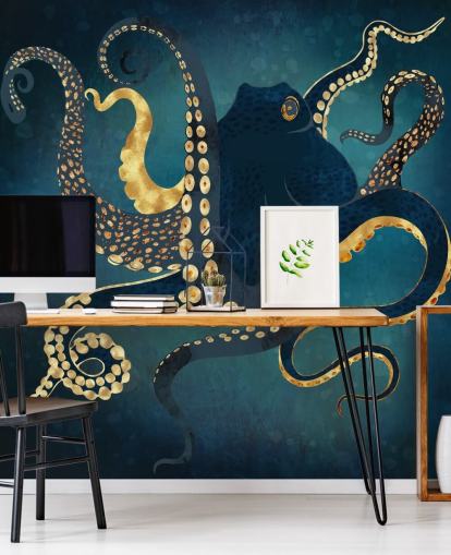Personalisierbare Oktopus-Tapete in Marineblau und Gold namens Metallic Octopus IV von SpaceFrog Designs für Badezimmer
