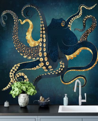 marinblå och guld anpassningsbar bläckfisk tapetväggmålning kallad Metallic Octopus IV av SpaceFrog Designs för badrum