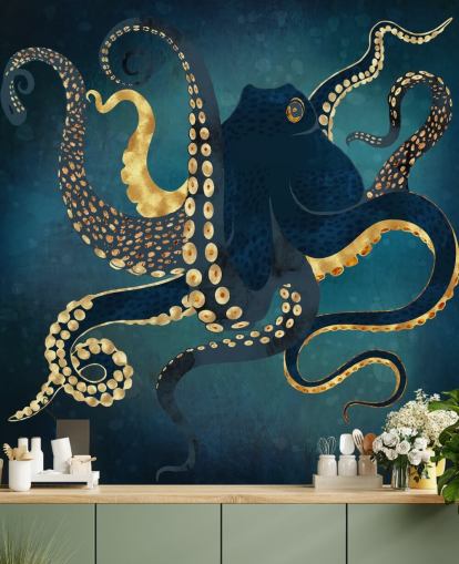 navy and gold customisable octopus wallpaper mural called Metallic Octopus IV by SpaceFrog Designs for bathrooms navy and gold customisable octopus wallpaper mural called Metallic Octopus IV by SpaceFrog Designs for bathrooms