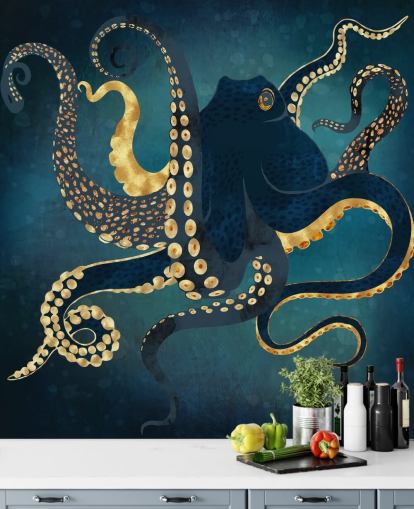 marineblå og guld tilpasselig blæksprutte tapetmaleri kaldet Metallic Octopus IV af SpaceFrog Designs til badeværelser marineblå og guld tilpasselig blæksprutte tapetmaleri kaldet Metallic Octopus IV af SpaceFrog Designs til badeværelser
