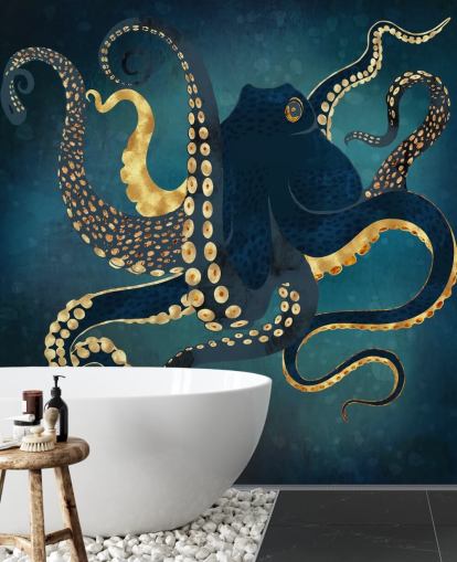mural de papel pintado de pulpo personalizable azul marino y dorado llamado Metallic Octopus IV de SpaceFrog Designs para baños