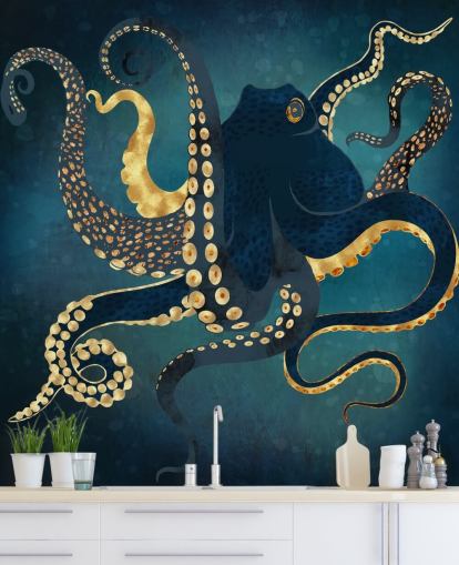 Personalisierbare Oktopus-Tapete in Marineblau und Gold namens Metallic Octopus IV von SpaceFrog Designs für Badezimmer