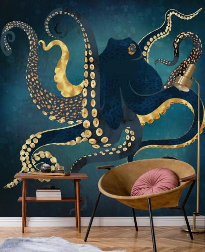 navy and gold customizable octopus wallpaper mural called Metallic Octopus IV by SpaceFrog Designs for bathrooms
