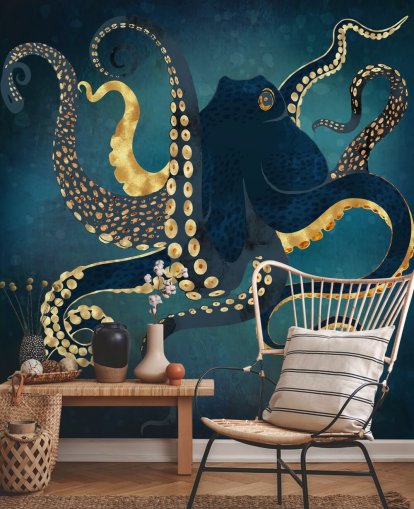 mural de papel pintado de pulpo personalizable azul marino y dorado llamado Metallic Octopus IV de SpaceFrog Designs para baños