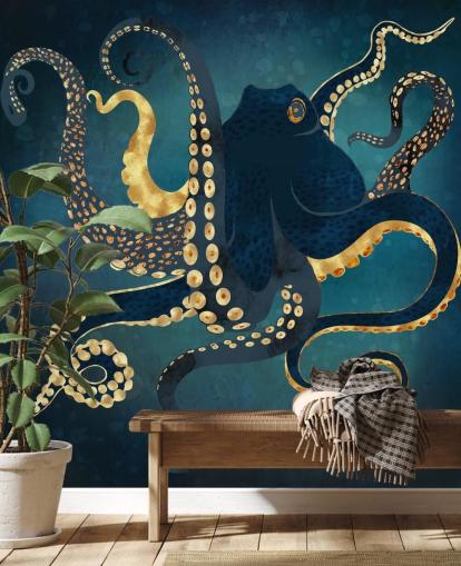 mural de papel pintado de pulpo personalizable azul marino y dorado llamado Metallic Octopus IV de SpaceFrog Designs para baños