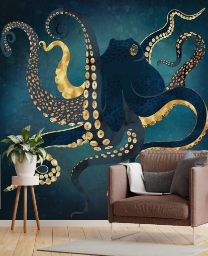carta da parati murale personalizzabile con polpo blu marino e oro chiamato Metallic Octopus IV di SpaceFrog Designs per bagni