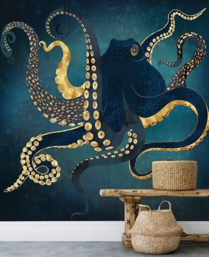 navy and gold customisable octopus wallpaper mural called Metallic Octopus IV by SpaceFrog Designs for bathrooms