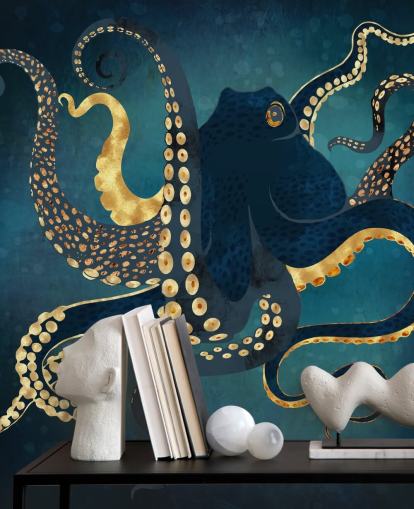 navy and gold customisable octopus wallpaper mural called Metallic Octopus IV by SpaceFrog Designs for bathrooms